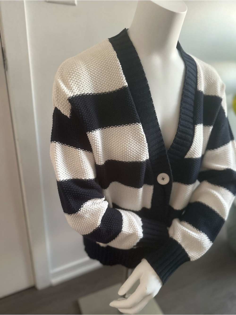 Joe Fresh Navy Blue and White Striped V-Neck Button Cardigan